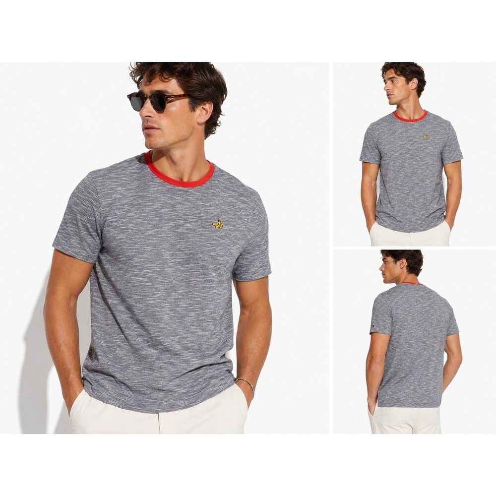 Tommy Hilfiger Mens Large Blue Space Dye Banana Graphic T-Shirt Red Trim Y2K